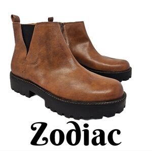 Zodiac Shiloh Cognac Faux Leather Bootie Womens Sz 8.5M Lug Sole Causal Comfort